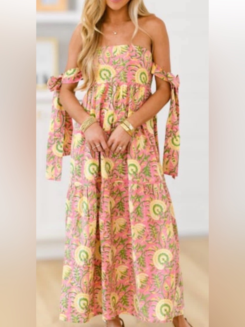 Off-Shoulder Pink Floral Tie-Sleeve Maxi Dress